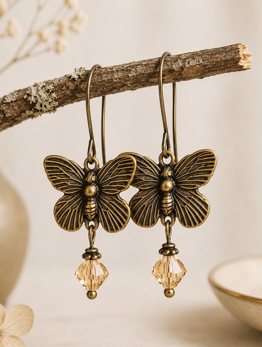 Vintage Butterfly Earrings Antique Brass Honey Crystal Hand Crafted